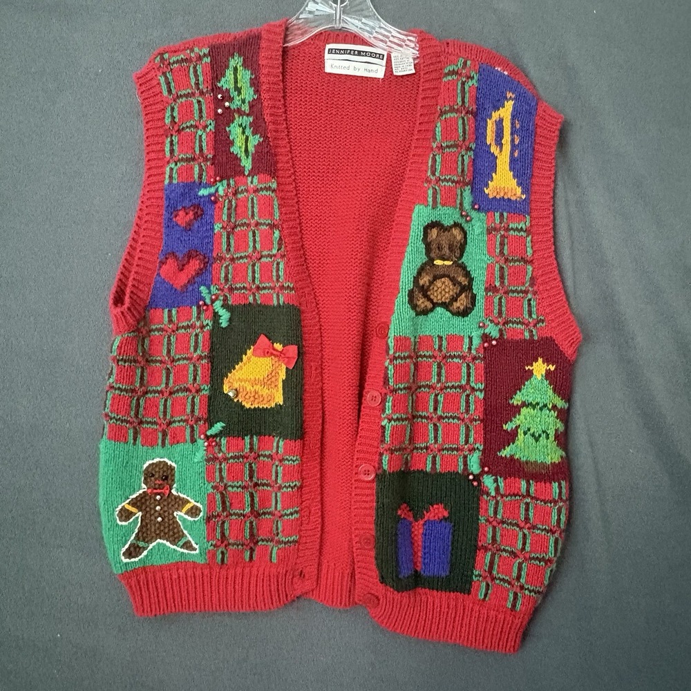 VTG Jennifer Moore Large Christmas Vest Hand Knit Sweater Teddy Bear Grannycore